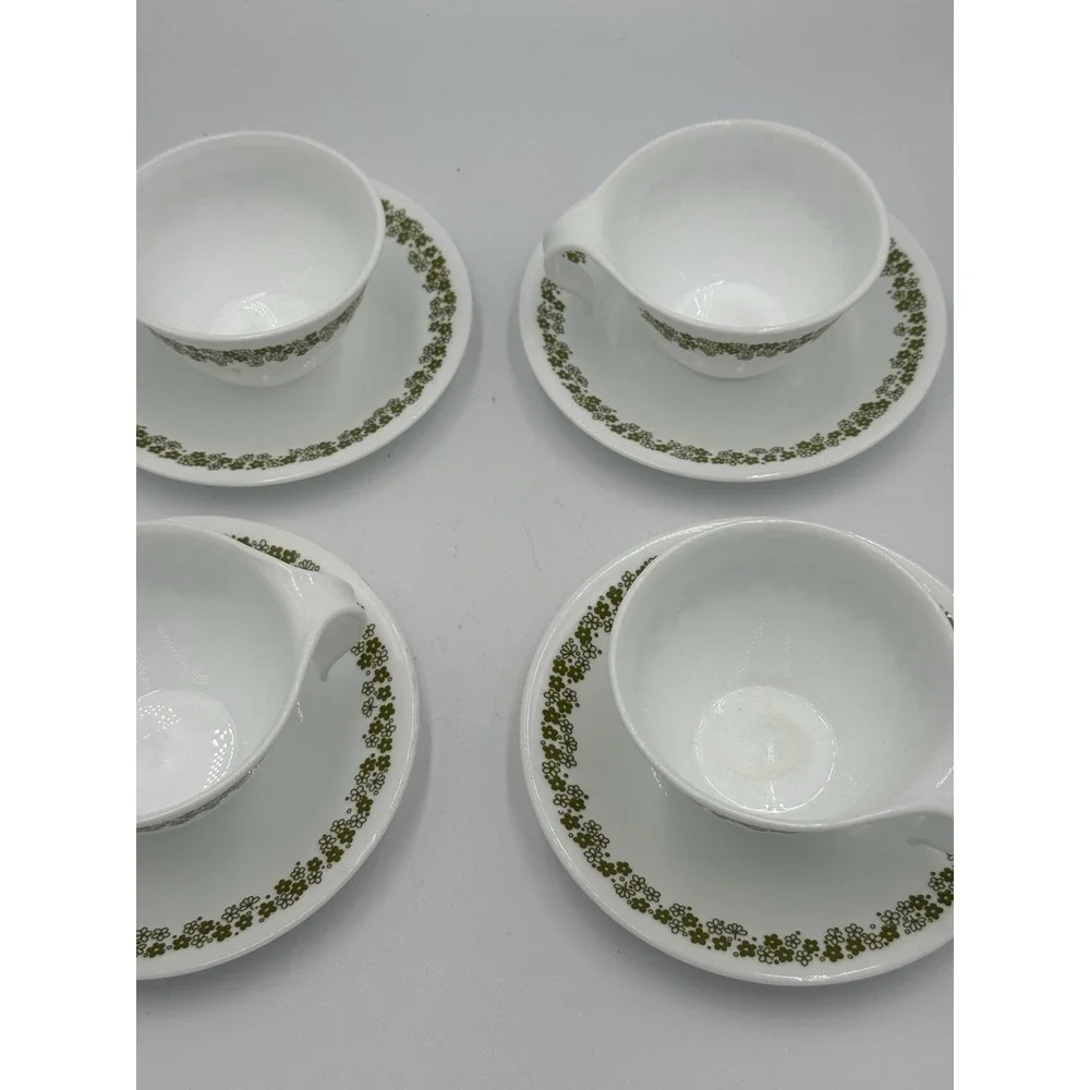 4 Corelle Corning Green Spring Blossom Crazy Daisy Hook Handle Cups and Saucers